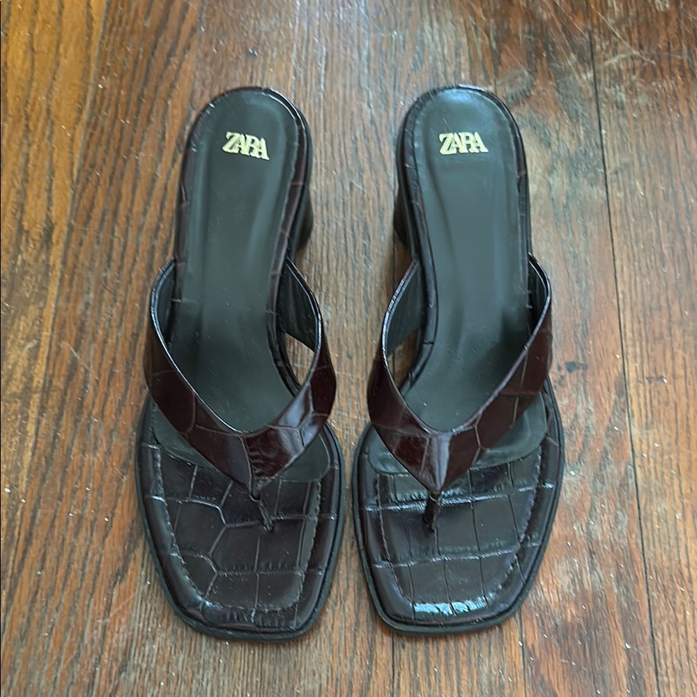 Zara Chocolate Croc Heeled Sandals